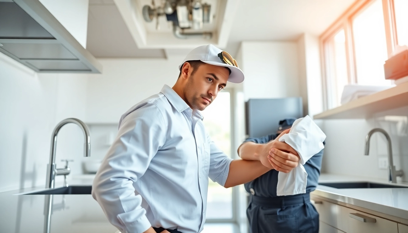 Qualified plumber near me assessing pipes for quality service in a modern kitchen.