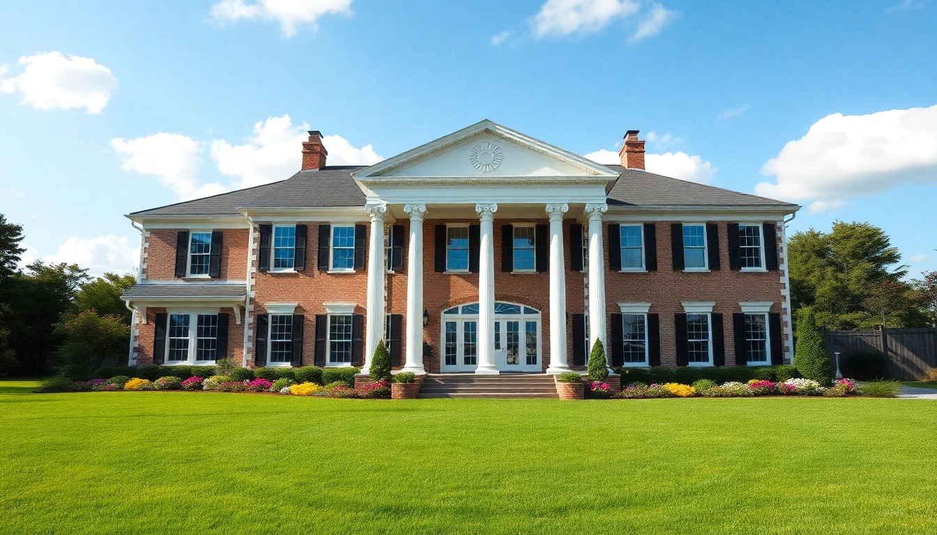Showcase of colonial home construction featuring classic architecture and lush landscaping.