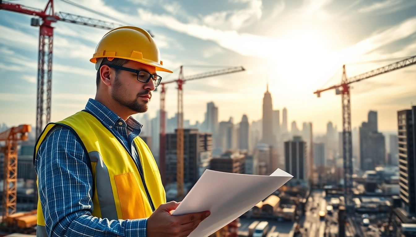 New York City Construction Manager overseeing a busy construction site with cranes and vibrant skyline.