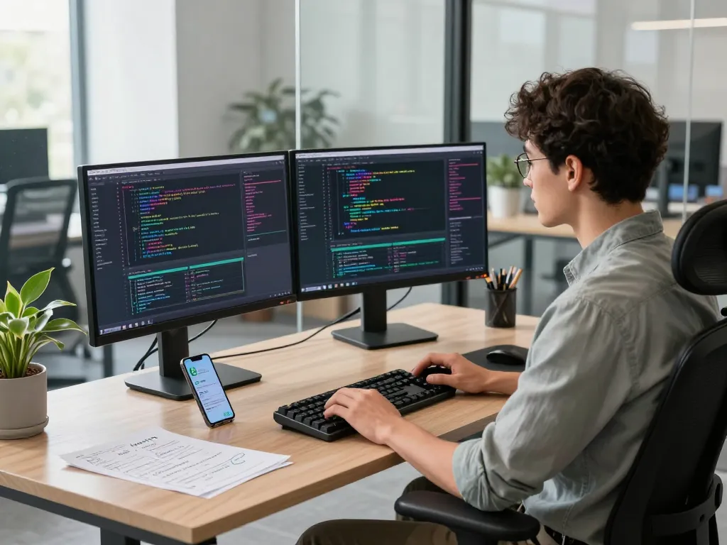 Developer using rm1.to in a modern workspace with code on screens