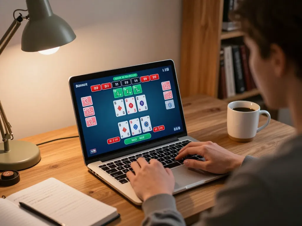 88xeng player engaging in live dealer blackjack at home with laptop setup.