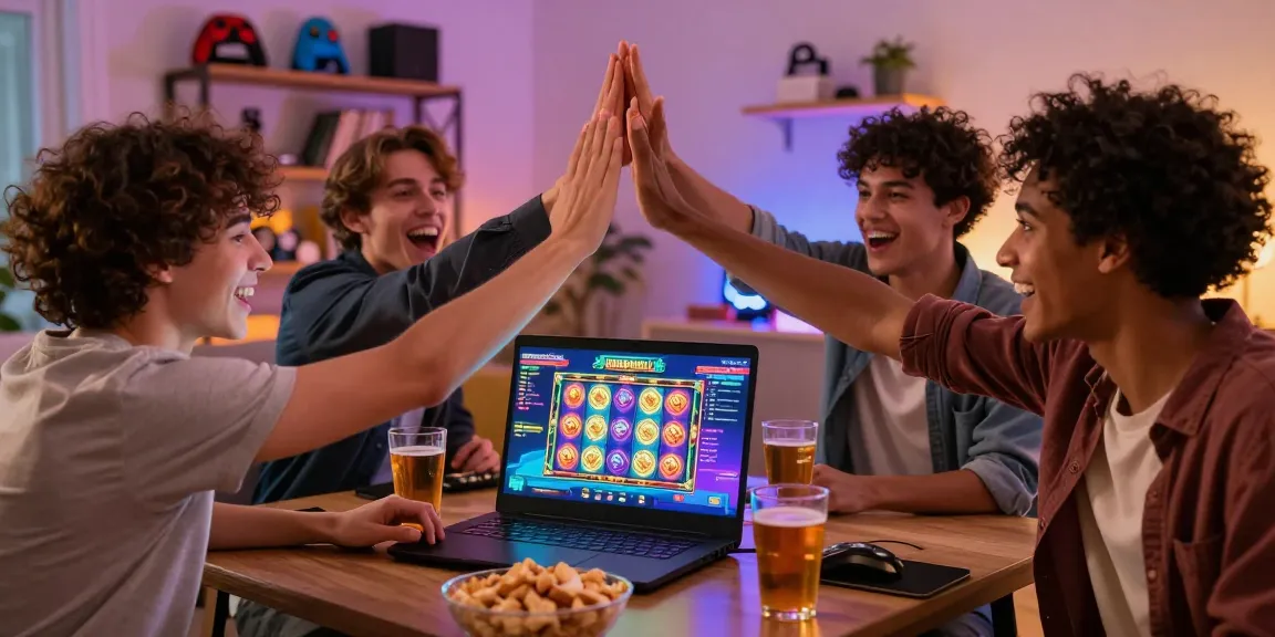 Engaged friends enjoying JURAGANBOLA gaming platform in lively home setting.