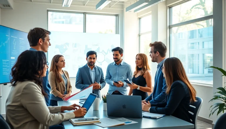 Group of professionals collaborating to find the Ideal career in a bright office setting.