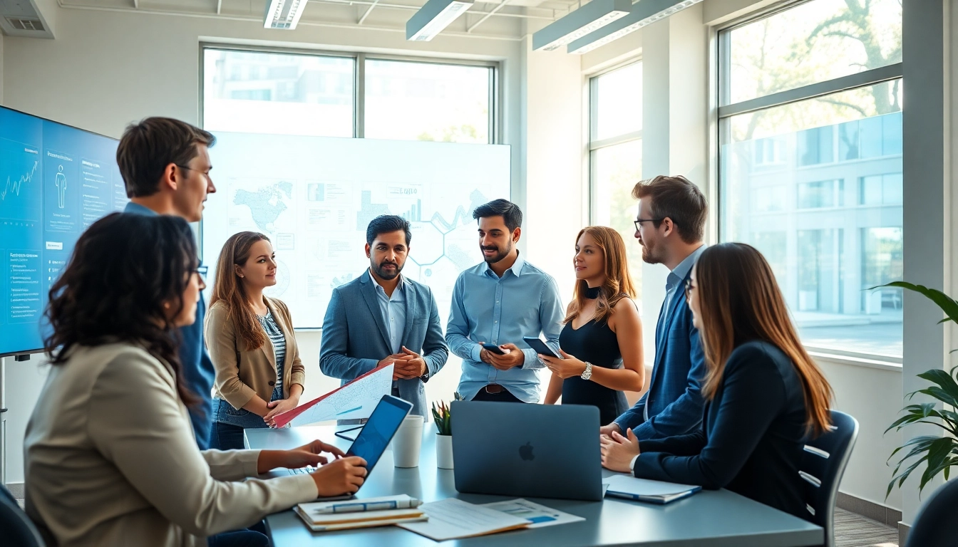 Group of professionals collaborating to find the Ideal career in a bright office setting.