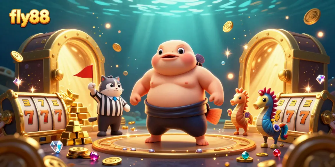 Play exciting games at fly88, featuring a vibrant underwater casino scene with dynamic slot elements