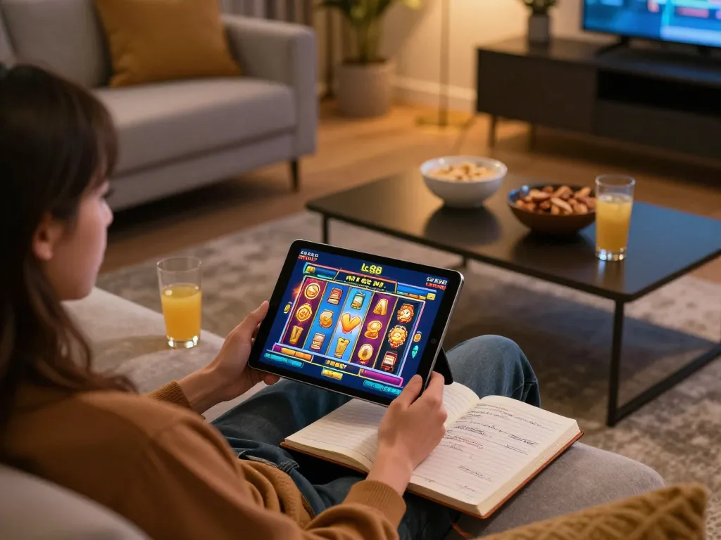 Player engaging with lc88 online casino app on tablet, colorful slot game reels visible