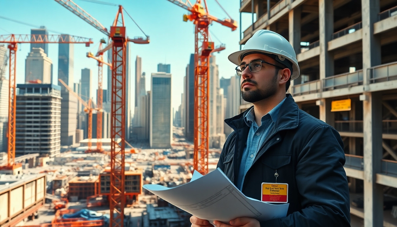 New York City Construction Manager overseeing a bustling urban construction site with blueprints.