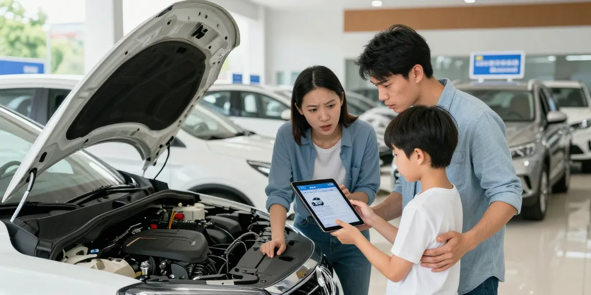 Family checking an HPI check alternative on a tablet in front of used cars, ensuring safe purchase.