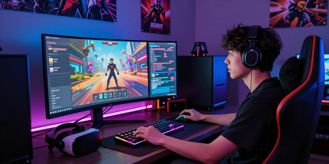 Immersive gamer setup showcasing nsfw ai game interface, colorful graphics, and modern gaming gear.
