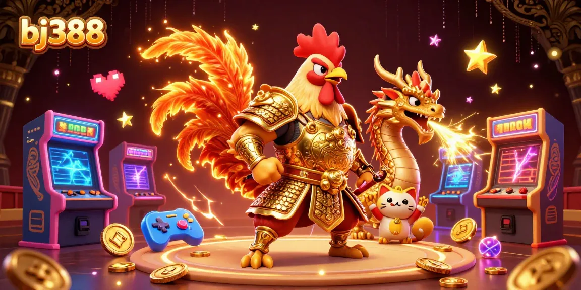 Bettors engage in fierce cockfighting action at bj388 with vibrant arcade elements and a cheering mascot.