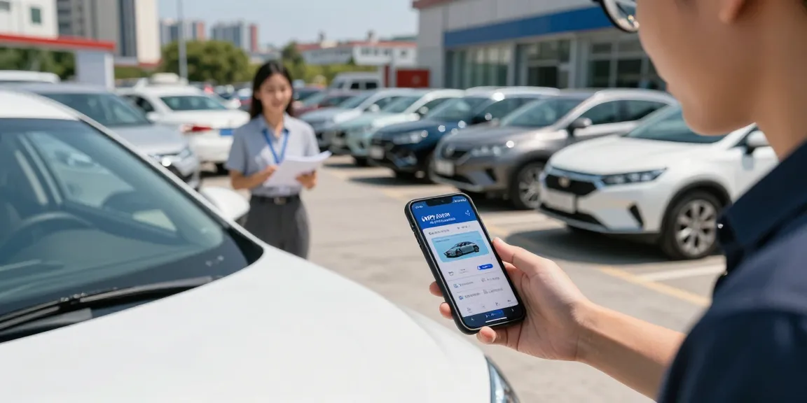 Person checking an HPI check alternative while examining a used car at a dealership.