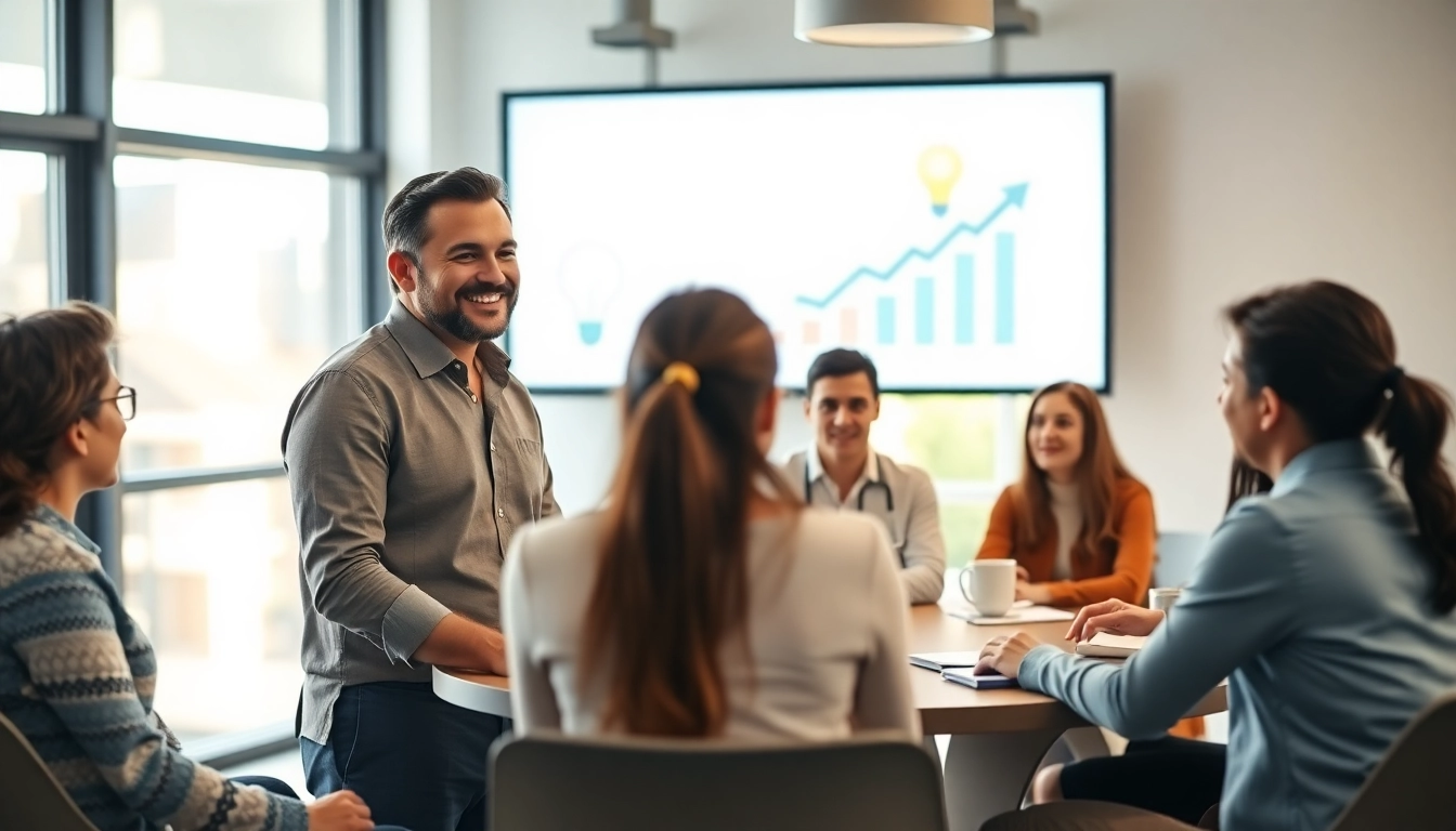 Engaging corporate coach leading a workshop with diverse participants in a modern conference room.