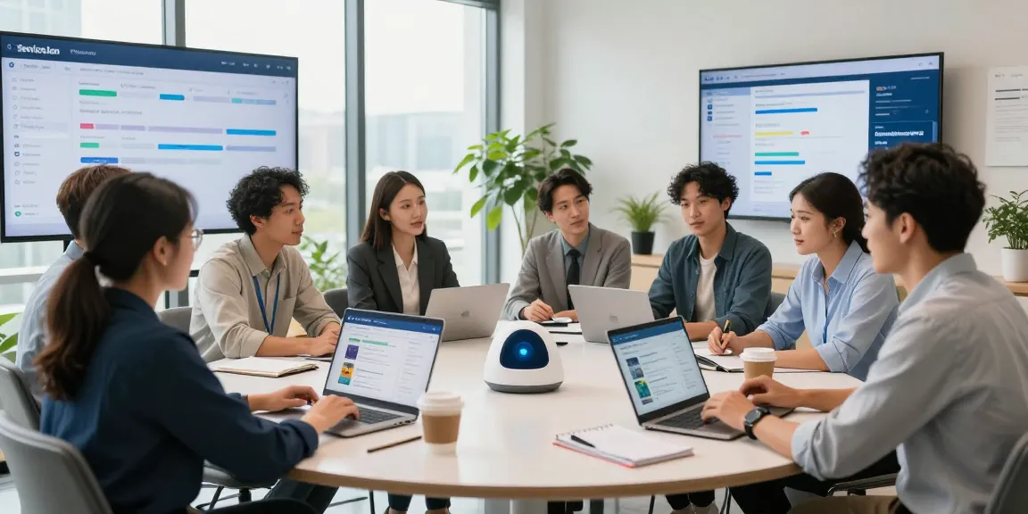 Team collaborating on a CRM for home service companies in a modern office.