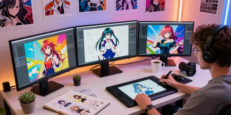 Dynamic studio showcasing ai ecchi anime art creation process with vibrant displays and artist in action.