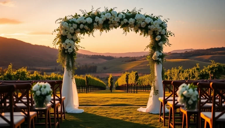 Beautiful Clarksburg ca weddings setup with floral arch and vineyard backdrop during sunset.