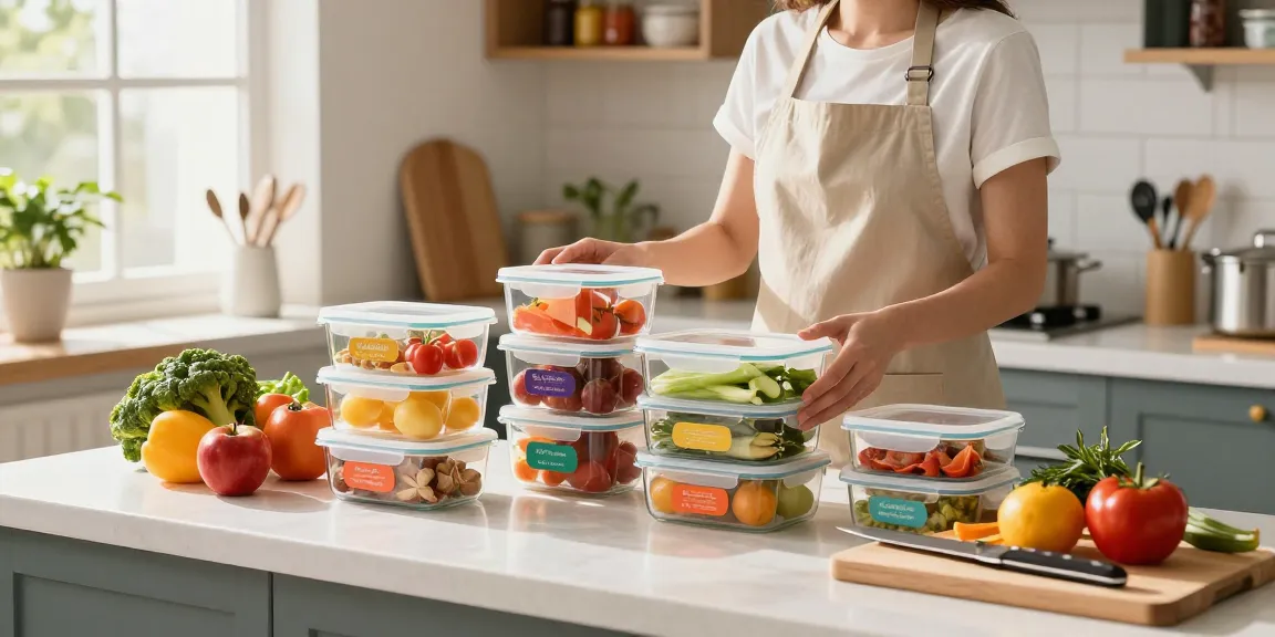 Organized kitchen with food storage containers, fresh produce, and a bright countertop.