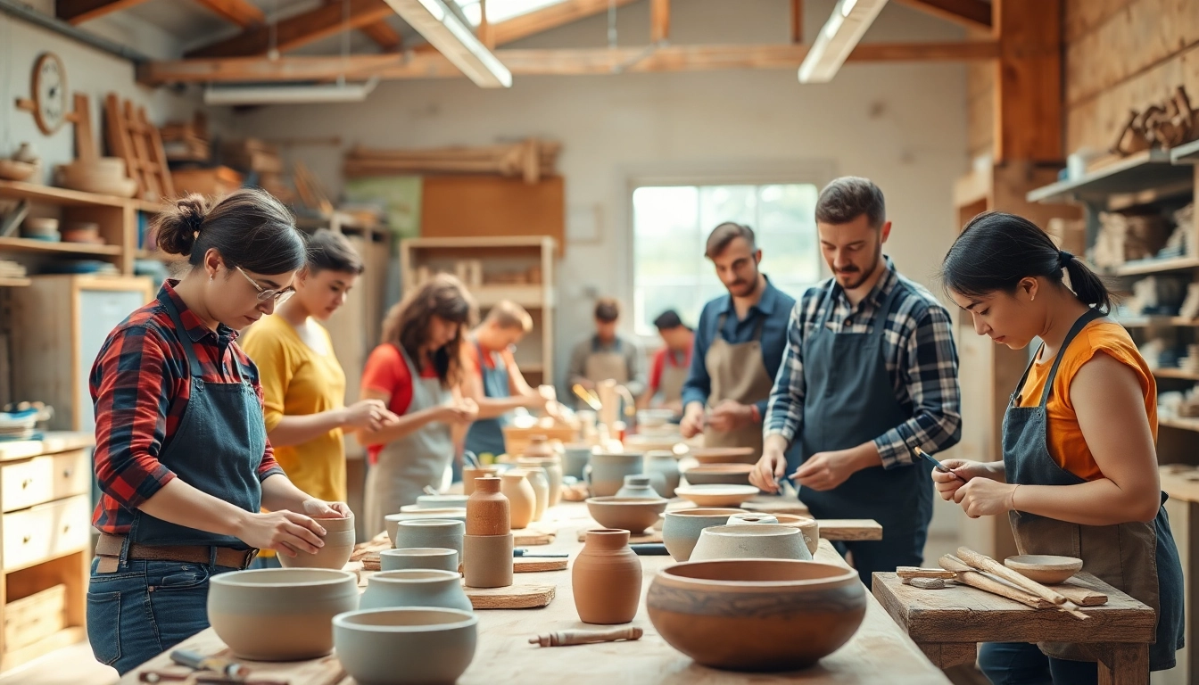 Engaged individuals participating in craft training programs within a vibrant workshop setting.