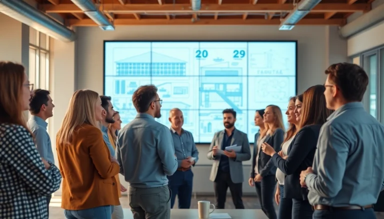 Construction member organization team collaborating on project blueprints in a modern office.