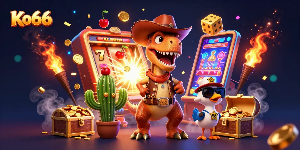 Experience the thrill of Ko66 with a vibrant casino adventure illustration featuring T-Rex, cactus, and roadrunner.