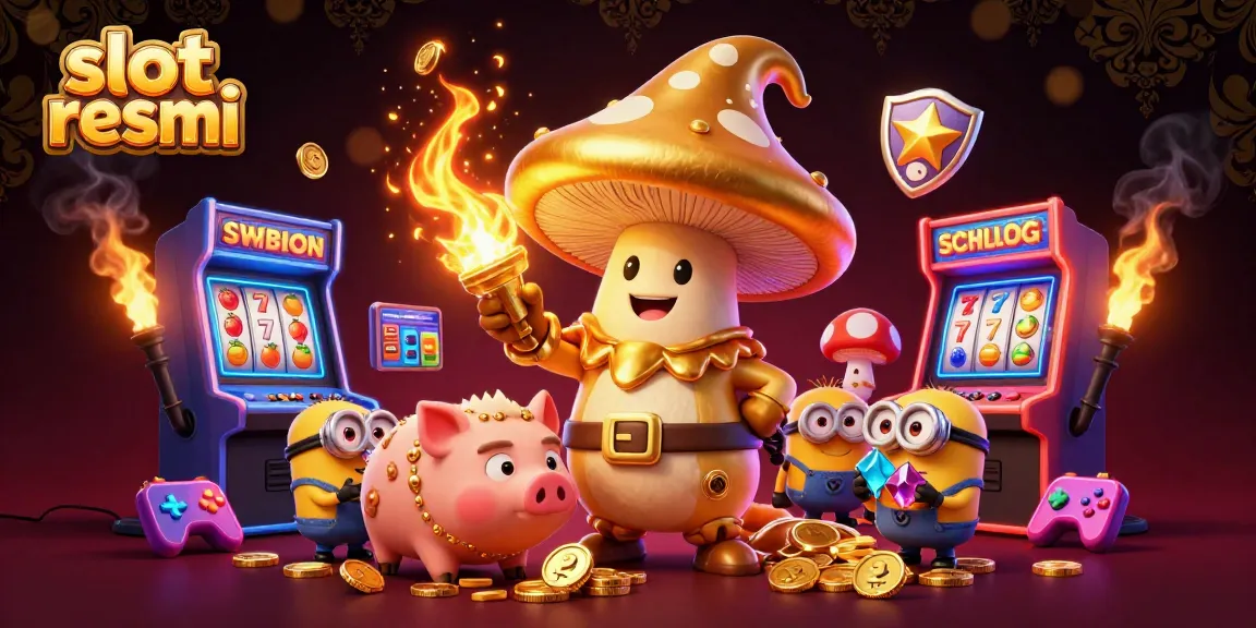 Engage in the vibrant world of slot resmi, featuring our golden wizard, pig, and gemstone-carrying minions amid an energetic casino scene.