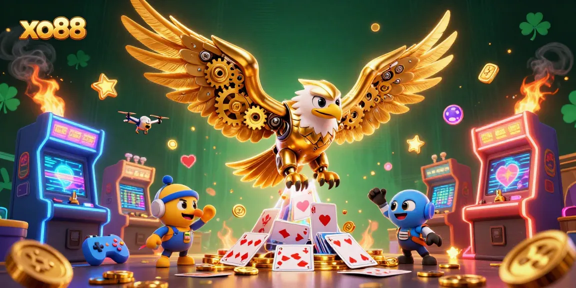 Engage with xo88's vibrant casino scene featuring a cybernetic eagle and dynamic game elements.