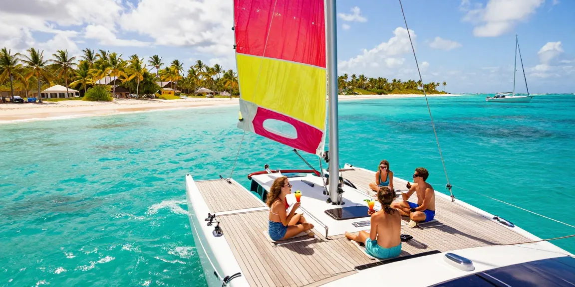 Punta Cana yacht rental with family enjoying cocktails on a luxurious catamaran.