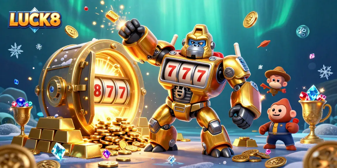 Experience the thrill of LUCK8 with a golden mech and dynamic treasure elements amidst a vibrant casino scene.