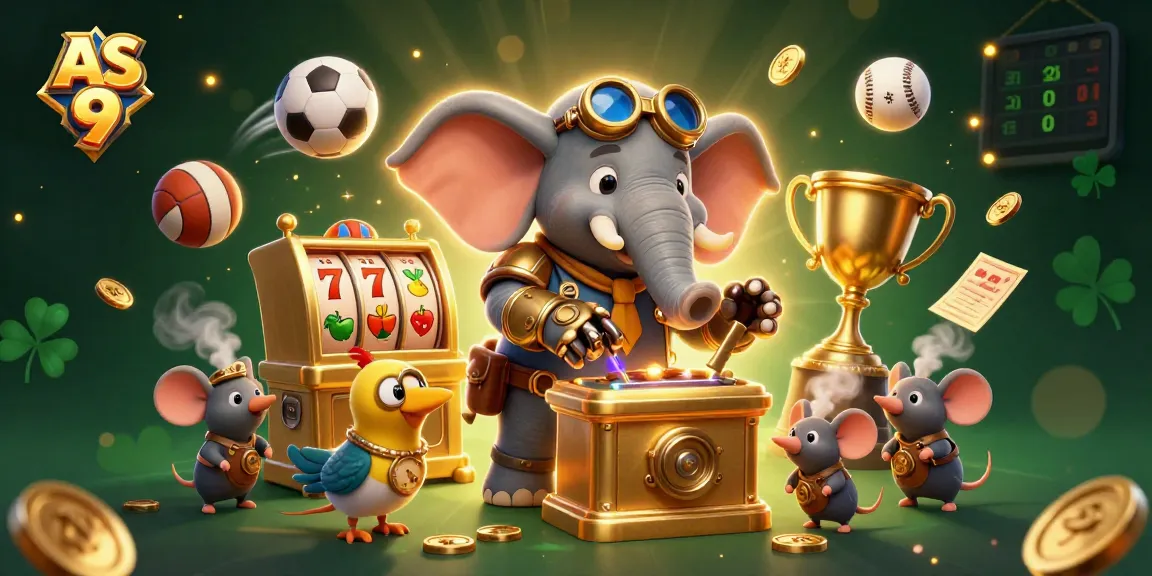 Engage with AS 9 through a vibrant casino scene featuring a steampunk elephant and thrilling slots.