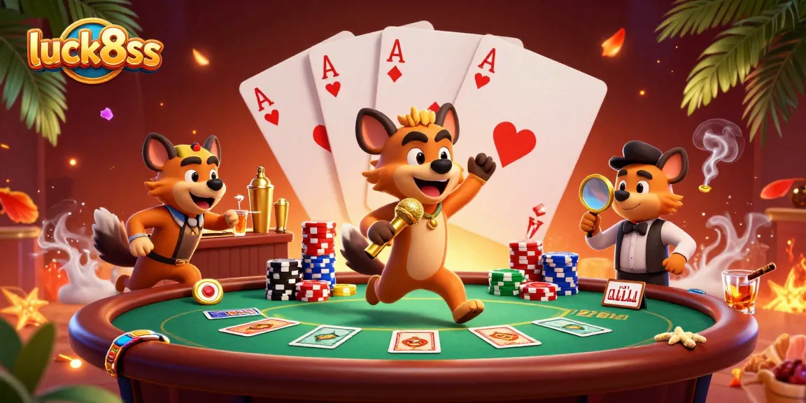 Experience luck8ss at a vibrant comedy casino club with hyenas in high-stakes action.