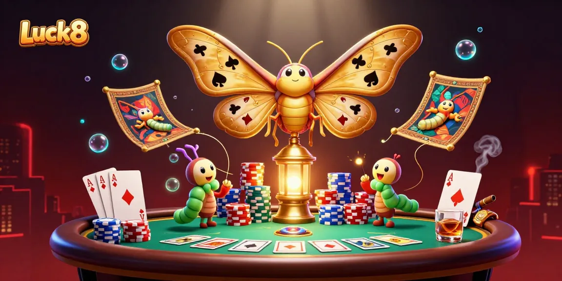 Luck8 reveals an exciting casino scene with vibrant poker elements and a majestic moth icon.