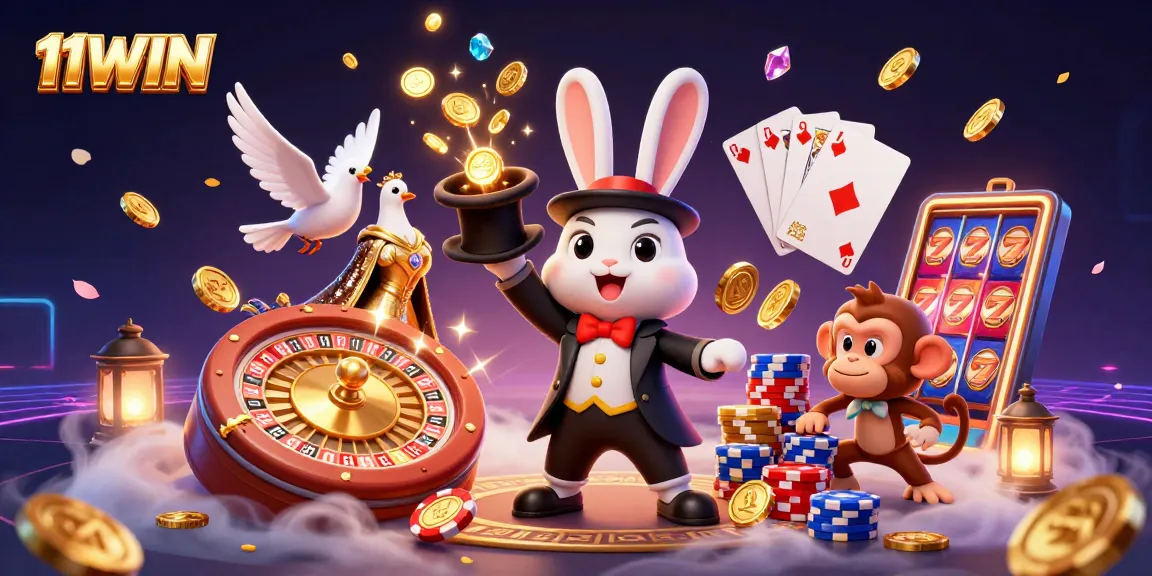 Experience thrilling magic at 11WIN casino with golden coins, poker chips, and colorful elements.