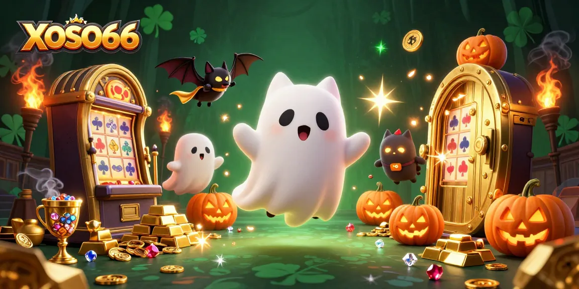 XOSO66 showcases a ghost cat and bat exploring a vibrant casino, encapsulating thrilling gaming excitement.