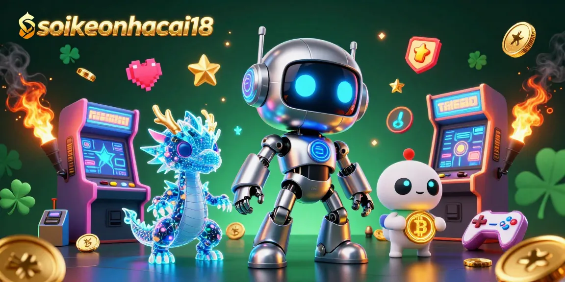 Soikeonhacai18 showcases a vibrant 3D illustration blending cyberpunk elements with neon casino features.