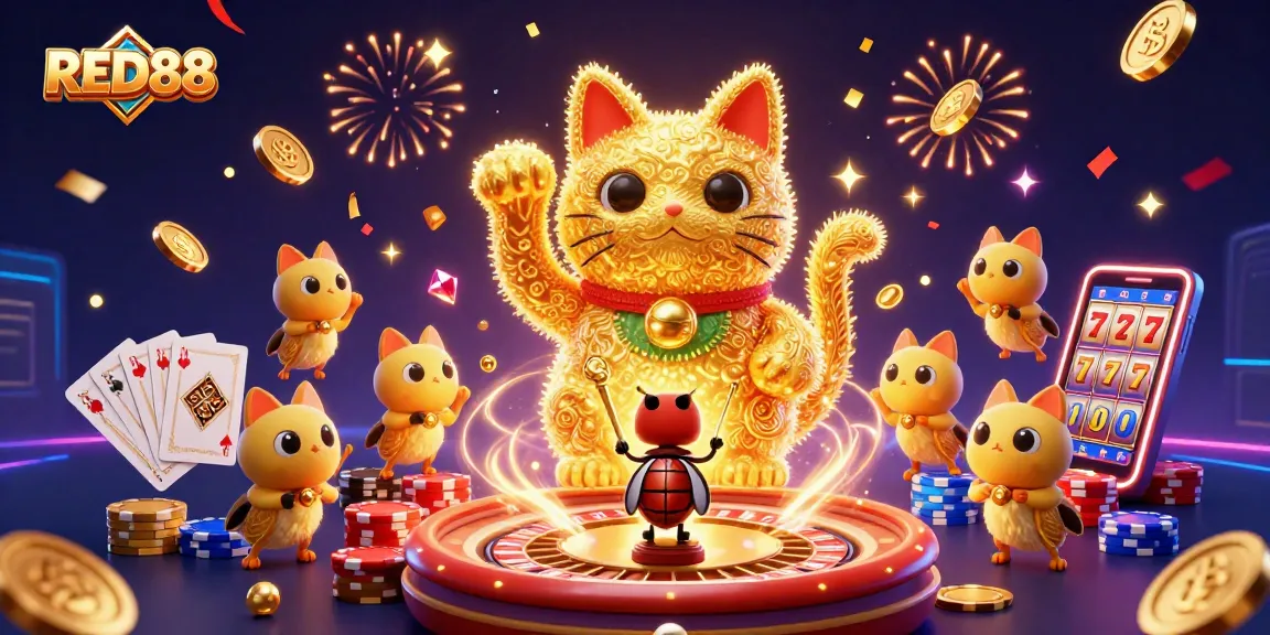 Experience the excitement of RED88 as golden fireflies form a lucky cat in a vibrant casino scene.