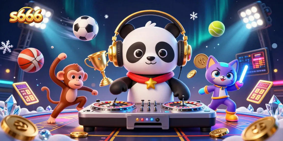 S666 platform comes alive with DJ panda, dance monkey, and rave kitten in a vibrant casino scene.