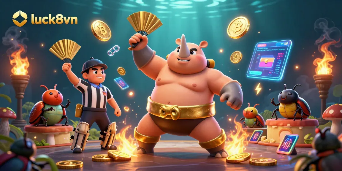 Experience thrilling gameplay at luck8vn with vibrant casino characters amid golden coins and cryptocurrency elements.