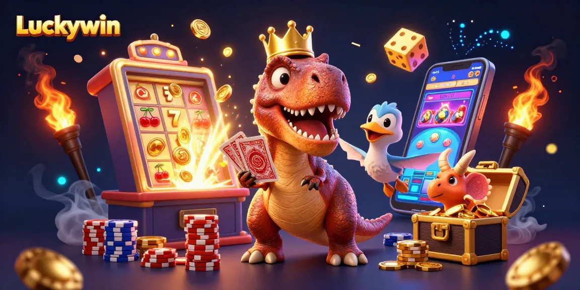 Experience the excitement at Luckywin with a 3D scene of a T-Rex, pterodactyl, and triceratops engaged in casino fun.