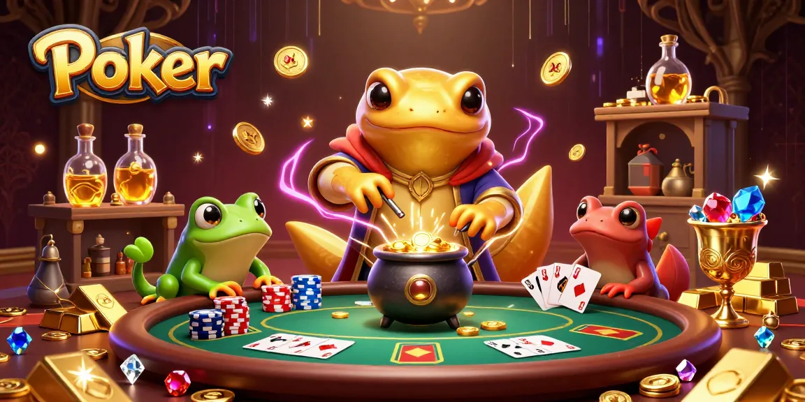 Poker scene featuring a golden salamander alchemist and frog in a vibrant, detailed 3D illustration.