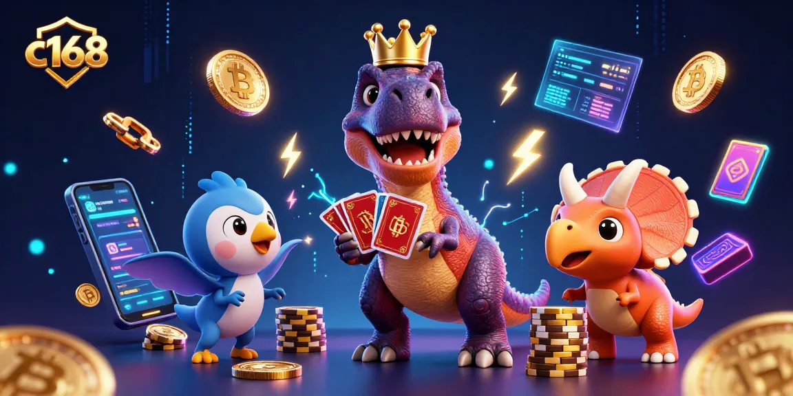 C168 players enjoy lively poker action with dinosaur characters surrounded by glowing crypto coins, adding excitement to the game.