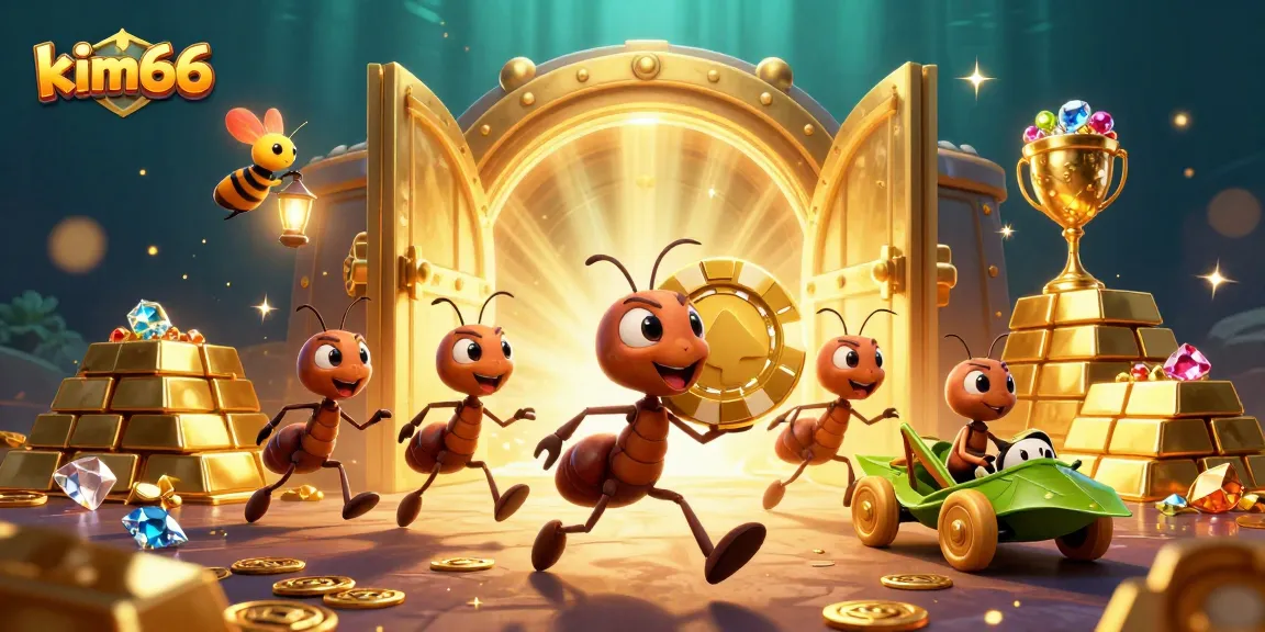 Ants executing a heist with a giant poker chip in a gleaming kim66 casino scene.