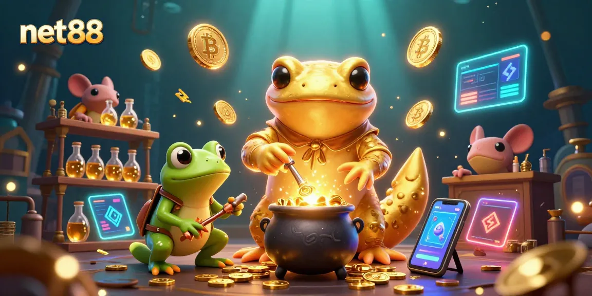 Experience exciting net88 gaming with a vibrant alchemist scene filled with crypto elements.