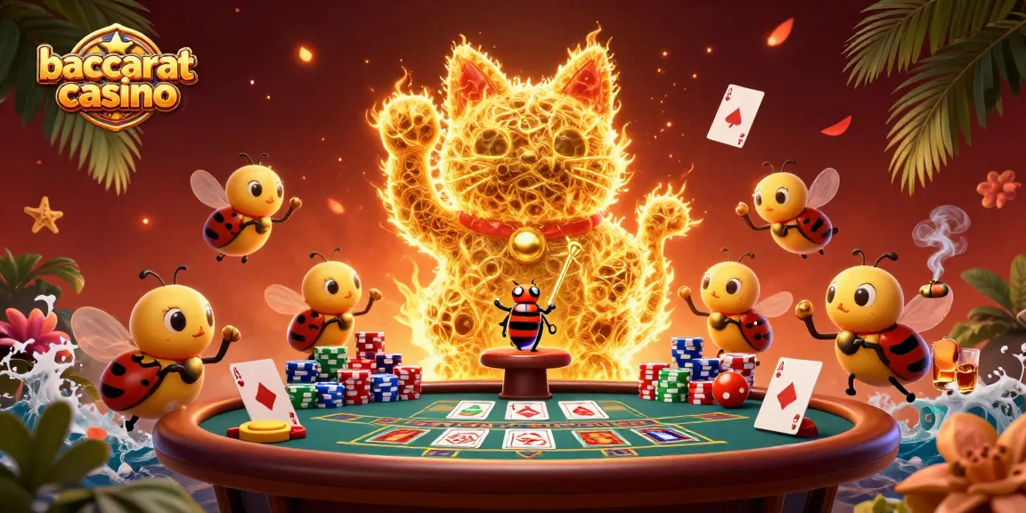 Baccarat casino illustration showing golden fireflies as lucky cat with poker elements and vibrant details.