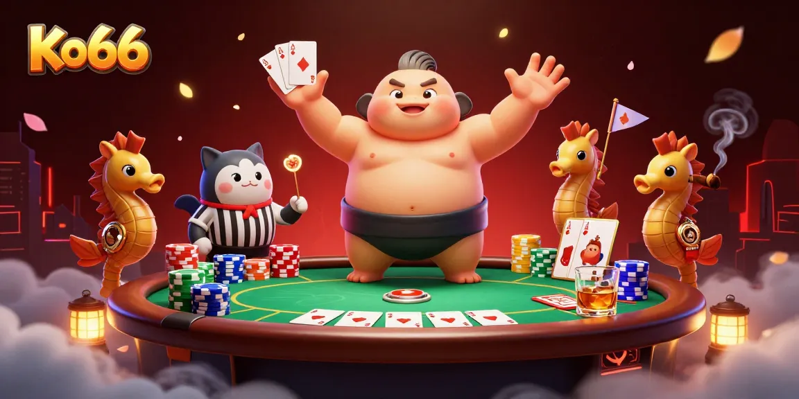Engage in thrilling poker action at Ko66 with a unique underwater scene featuring cartoon characters and vivid casino elements.