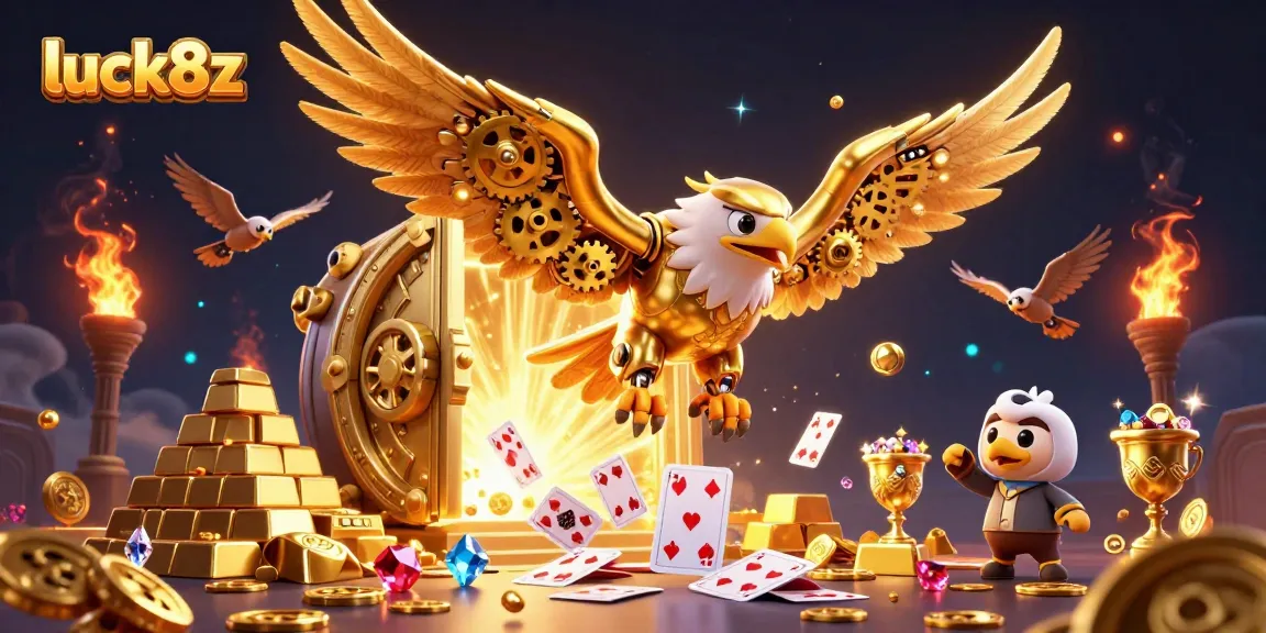 Experience the thrill of luck8z with a cybernetic eagle soaring through holographic cards and treasures.