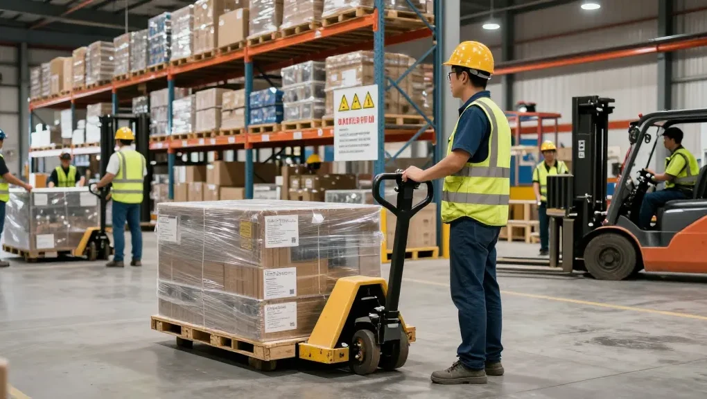 Worker using a manual pallet truck to transport goods in a busy warehouse setting