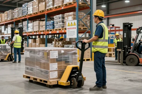 Worker using a manual pallet truck to transport goods in a busy warehouse setting
