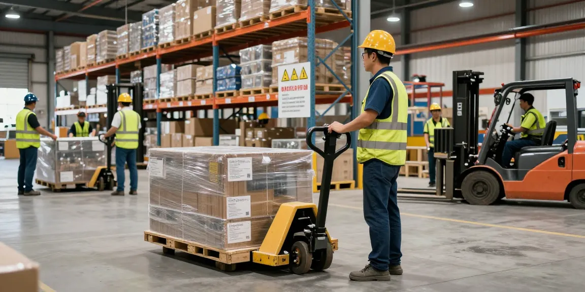 Worker using a manual pallet truck to transport goods in a busy warehouse setting