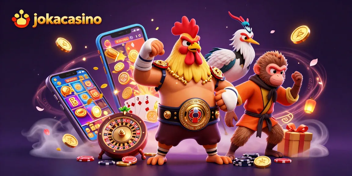 Engage with thrilling games at jokacasino featuring vibrant characters, slot machines exploding with coins, and dynamic casino elements.