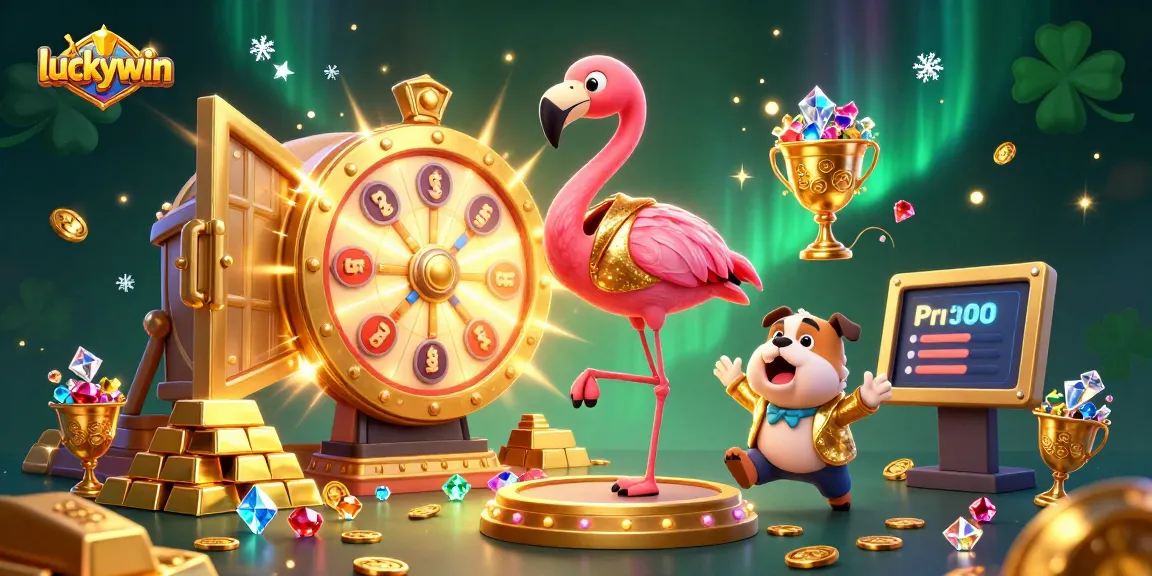 Spin the luckywin prize wheel with vibrant 3D cartoon characters amidst a treasure-filled casino backdrop.