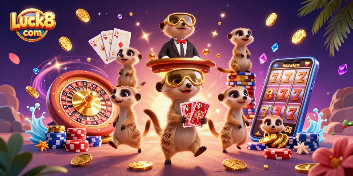 Experience Luck8 com's unique casino atmosphere with dynamic meerkats, coins, and gameplay elements.